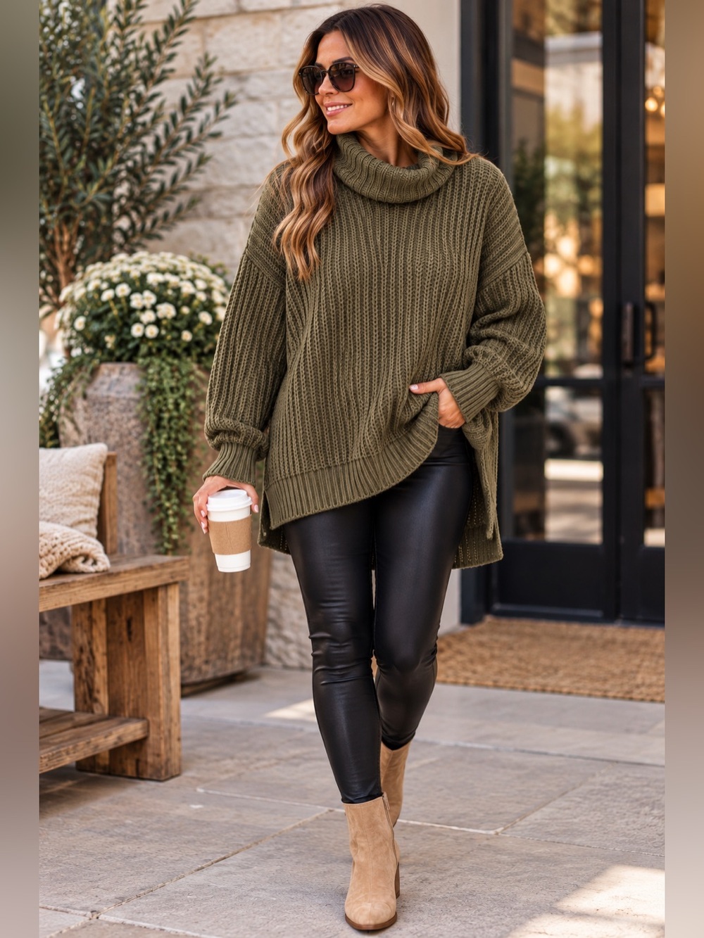 Haven Well Within Shaker Knit Funnel Neck Olive Sweater Size XL